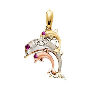 14K Tri Color  CZ Dolphin Pendant
